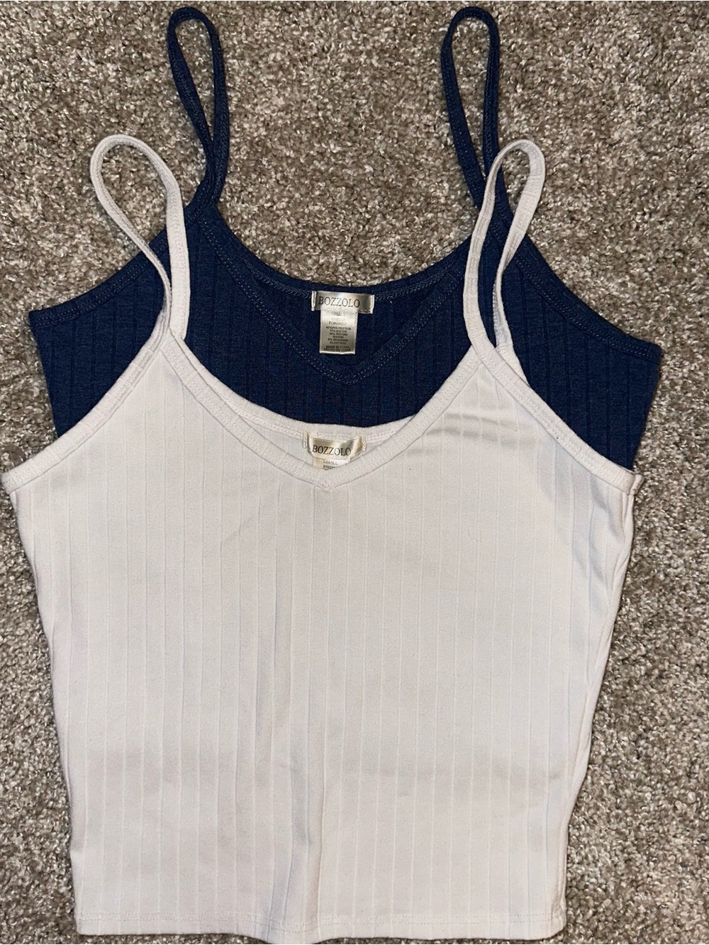 Lot of 2 Bozzolo Cropped Cami Tank Tops Ribbed V-Neck White Navy Blue Sz S 406